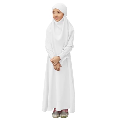 IDOPIP Muslim Dress for Girls Islamic Prayer Abaya Smocked Long Sleeve Kaftan Robe Dresses with Hijab Ramadan Dubai Outfits - color: White, size: 7-8 Years