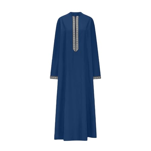 Mens Kaftan Thobe Side Split Long Sleeve Zipped Caftan Cotton Linen Hoodie Muslim Gown Casual Arabic Robe Kurta Tops - color: 07navy, size: Small