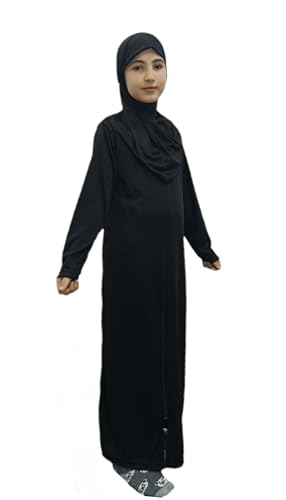 Abaya for little girls sleeved Prayer Dress &Hijab One-piece prayer dress with hijab muslim girls jilbab Abaya. - color: Black, size: 4