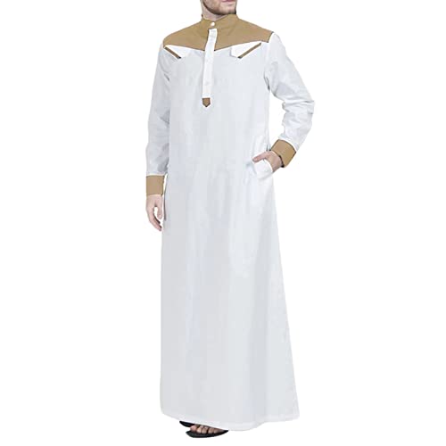 Zeiyignr Men's Long Sleeve Kaftan Stand Collar Patchwork Robe Muslim Arab Middle East Thobe Islamic Praying Clothes for Men - color: Khaki, size: Large
