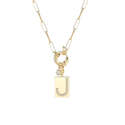 Mint & Lily Gold Initial Necklace for Women – 18K Gold Plated 24” Paperclip Chain with Sparkling Letter Pendant - style: J