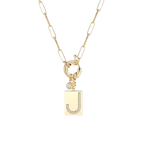 Mint & Lily Gold Initial Necklace for Women – 18K Gold Plated 24” Paperclip Chain with Sparkling Letter Pendant - style: J