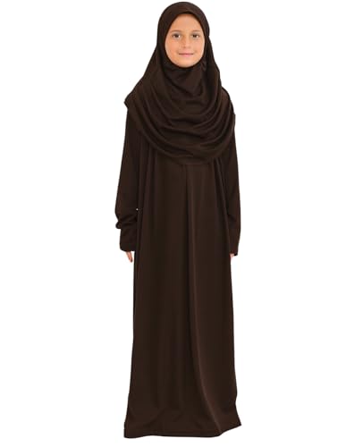 Prien Kids Prayer Dress Muslim Clothes for Girls Long Sleeve Abaya with Hijab Two Piece Maxi Islamic Set Scarf Kaftan Jilbab - color: Brown