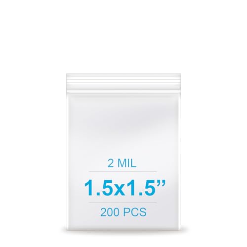 1.5''x 1.5'', (Pack of 200) 2 mil Thick Clear Plastic Reclosable Zip Poly Bags with Resealable Lock Seal Zipper for Photo, Jewelry, Bakery, Treats, Travel, Storage, Packaging & Shipping - size: 1.5" x 1.5"