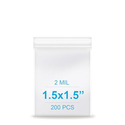 1.5''x 1.5'', (Pack of 200) 2 mil Thick Clear Plastic Reclosable Zip Poly Bags with Resealable Lock Seal Zipper for Photo, Jewelry, Bakery, Treats, Travel, Storage, Packaging & Shipping - size: 1.5" x 1.5"