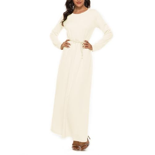 Womens Musilin Long Dress for Islamic Prayer Long Sleeve Robe Dress Full Cover Round Neck Dubai Kaftan Abayas Outfit - color: Nude, size: Large-X-Large