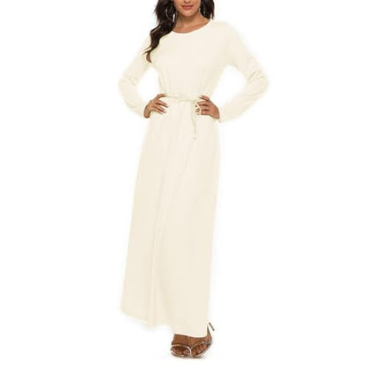 Womens Musilin Long Dress for Islamic Prayer Long Sleeve Robe Dress Full Cover Round Neck Dubai Kaftan Abayas Outfit - color: Nude, size: XX-Large-3X-Large