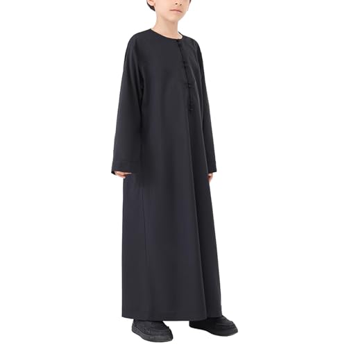 Kids Arabic Thobes for Boys Muslim Thobe Long Sleeve Kaftan Islamic Prayer Dress Kids Dubai Robe Burkas Ramadan Eid Outfit - color: Black, size: 13-14 Years