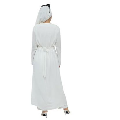 IDOPIP Muslim Women 2-Piece Set Long Sleeve Ramadan Islamic Abaya Dress Shirt with Pants Loose Fit Casual Dubai Prayer Outfit - color: White, size: X-Large-XX-Large
