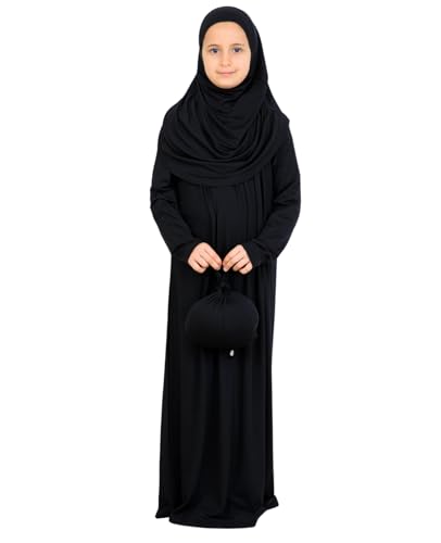 Prien Kids Muslim Prayer Dress With Hijab & Pouch, Soft Viscose Abaya For Girls, Islamic Clothes, Robe For Eid, Ramadan - color: Black