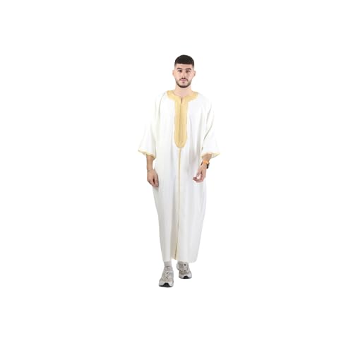 Men’s Moroccan Gandora – Traditional Short Sleeve Thobe – Lightweight Summer Kaftan Robe for Men - color: White, size: Medium