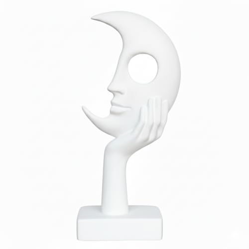 White Abstract Face Sculpture, Modern Art Decor, Hand on Chin Design, Tabletop Statue with Base - color: White, size: Small