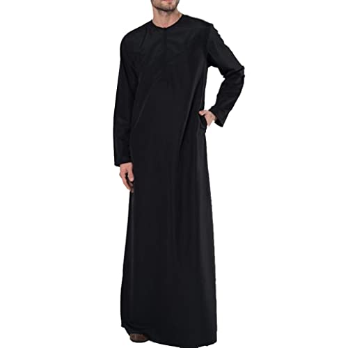 Men's Muslim Clothes Kaftan Robe Islamic Abaya Dubai Long Gown Thobe Long Sleeve Ethnic Clothes Male Shirt (Color : Black, Size : X-Large) - size: X-Large