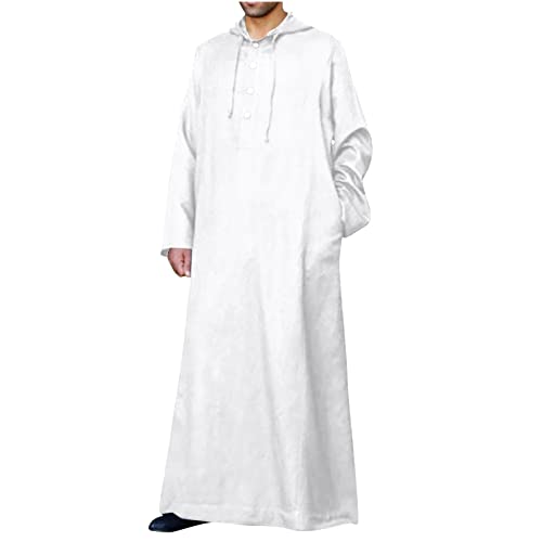 Ctreela Kaftan Thobe for Men Big And Tall Muslim Hooded Robe Mens Long Sleeve Caftan Thawb Islamic Ramadan Masjid Gown - color: White, size: Small