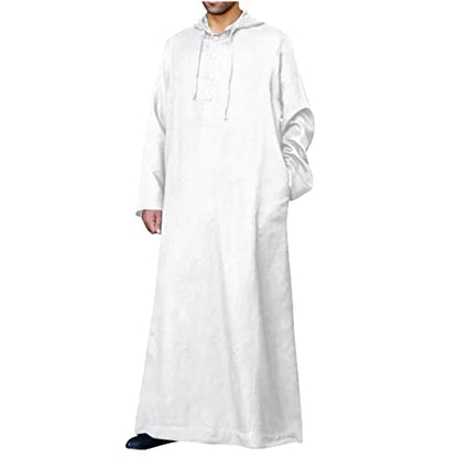 Ctreela Kaftan Thobe for Men Big And Tall Muslim Hooded Robe Mens Long Sleeve Caftan Thawb Islamic Ramadan Masjid Gown - color: White, size: X-Large
