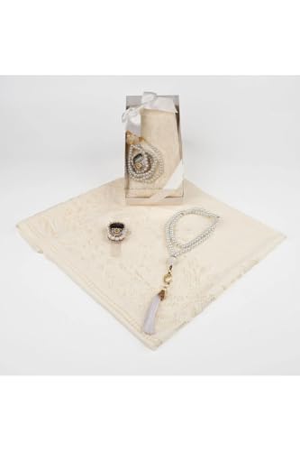 Ecru Lace Shawl and Prayer Beads Gift Set with Zikirmatik - Chic Islamic Accessory for Women, Special Boxed Set - Cream, 55x26 inch