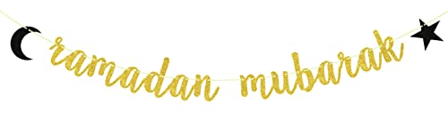Ramadan Mubarak Banner Eid Mubarak Decorations for Happy Eid Muslim Islam Party Decorations Gold Glitter