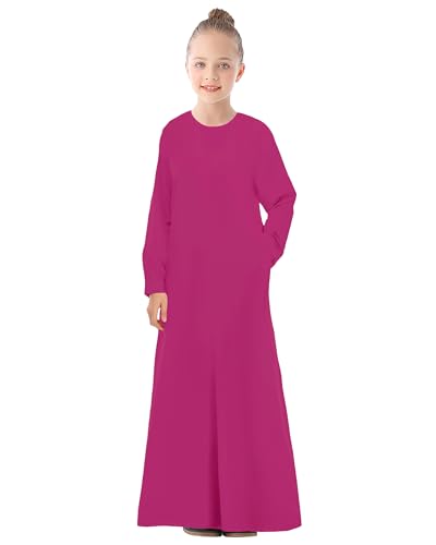 WSPLYSPJY Solid Color Muslim Dress for Girls Kids Abaya Zipper Islamic Prayer Clothes with Pockets - color: Rose Red, size: 11-12 Years