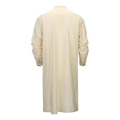Men's Long Sleeve Stand Collar Kaftan Thobe Button Down Henley Robe Casual Side Slit Front Pleated Gown Shirt Tops - color: Khaki, size: Small