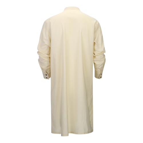 Men's Long Sleeve Stand Collar Kaftan Thobe Button Down Henley Robe Casual Side Slit Front Pleated Gown Shirt Tops - color: Khaki, size: Medium