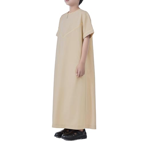 Boys Short Sleeve Muslim Thobes Islamic Kids Half Zipper Eid Traditional Prayer Kaftan Thobes Toddler Abaya Clothes - color: Beige, size: 3-4T