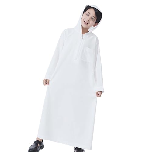 Xiaojmake Dubai Abaya Thobe Elegant Ramadan for Boys Zip Arabic Prayer Clothes with Pockets Islamic Muslim Outfits 3-15Y - color: White, size: 3-4T