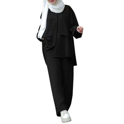 ODIZLI Muslim Long Sleeve Blouse Wide Leg Pants Suits Autumn Solid Abaya Women Matching Sets 2PCS Tracksuits Turkey Kaftan - color: Black-pockets Button Down Shirt, size: X-Large