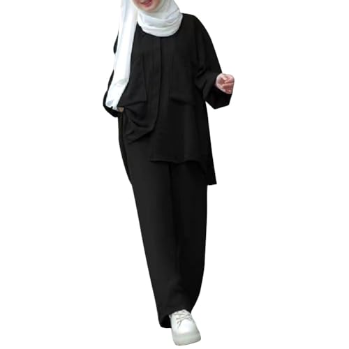 ODIZLI Muslim Long Sleeve Blouse Wide Leg Pants Suits Autumn Solid Abaya Women Matching Sets 2PCS Tracksuits Turkey Kaftan - color: Black-pockets Button Down Shirt, size: Small