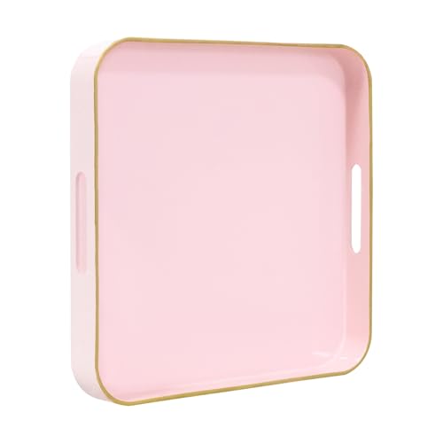 MAONAME 13" Pink Decorative Tray, Serving Tray with Metal Handles, Square Plastic Trays for Ottoman, Modern Coffee Table Trays for Living Room, Bathroom - color: Pink, size: 13" x 13" x 1.6"