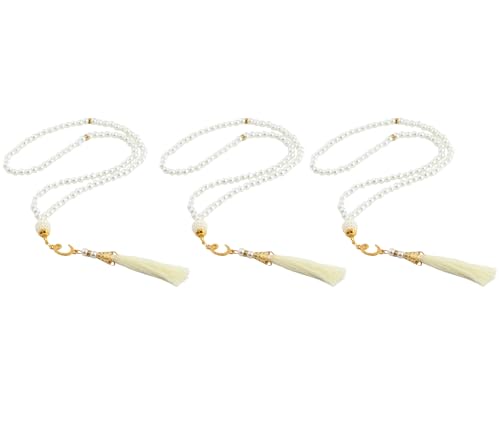 Prien 3 Pcs Prayer Beads, Islamic Gifts, 99 Beads Tasbeeh for Muslim, Islam Dhikr Counter, Bulk Tasbih Gift Set, Rosary for Women Men, Mawlid Favor for Prayer Rug, Ramadan, Hajj, Eid (Cream) - color: White