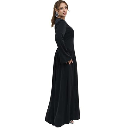 Muslim Abaya Dress for Women Smooth Back Zipper Belt Daily Prayer Eid Dress - color: Black, size: Small