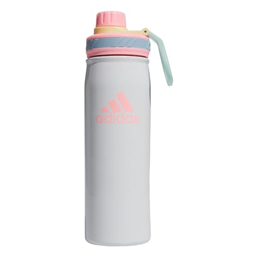 adidas Stainless Steel Metal Water Bottle 20 oz (600 mL) Screw Cap - color: White/Pink Spark/Clear Sky Blue