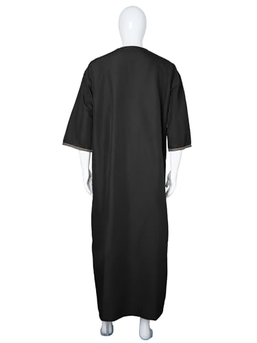 Mens Kaftan Thobe V-Neck Half Sleeve Muslim Robe Dubai Long Gown Saudi Arab Thobe Robes for Summer Beach - color: Black, size: Large