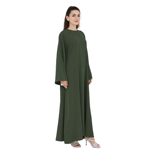 Solid Color Abaya Dress for Women Pocketed Muslim Dresses for Women Arabic Dress Eid Prayer Abaya Dresses - color: Army Green, size: X-Large
