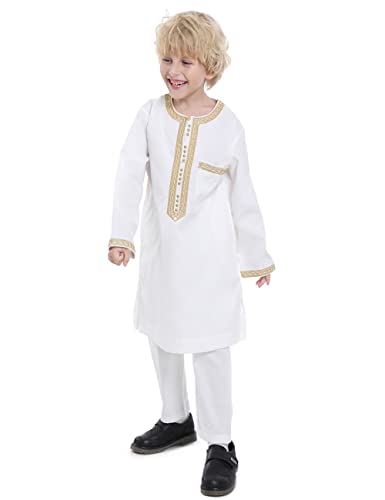 Boy's Muslim Clothing Kaftan Set - Middle East Youth Embroidered Robe Suit Round Neck Islamic Dress Arabic Wear - color: White, size: 23