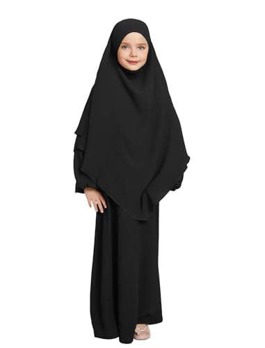 IDOPIP Muslim Dress for Girls Islamic Prayer Abaya Long Sleeve Chiffon Kaftan Robe Dresses with Hijab Ramadan Dubai Outfits - color: Black, size: 5-6 Years