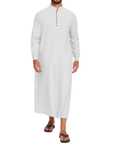 LVCBL Thobe for Men Long Sleeve Kaftan Muslim Thobe Button Down Long Gown Caftan with Pockets - color: White, size: Medium