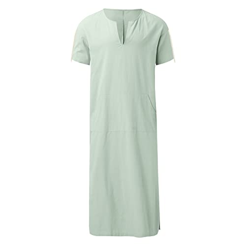 Mens Muslin Robe Full Length Long Sleeve Tops V Neck Kaftan Lightweight Pullover Thobe Comfy Nightshirts - color: A02 Green, size: 4X-Large