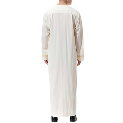 Muslim Robe for Men Arab Long Sleeve Kaftan Islamic Arabic Abaya Thobe Ramadan Middle East Islamic Cloth Shirt Gown - color: Beige, size: Medium