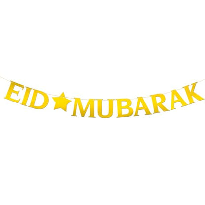 Eid Mubarak Banner - Moon Ramadan Kareem Party Decor - Baby Shower - Perfect Eid Gifts - Islamic Muslim Party Supplies - Mirror Gold