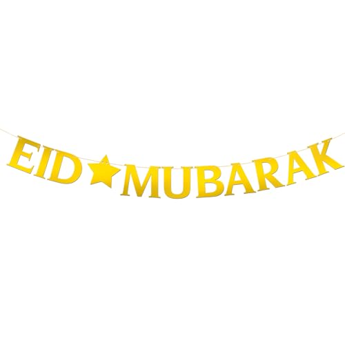 Eid Mubarak Banner - Moon Ramadan Kareem Party Decor - Baby Shower - Perfect Eid Gifts - Islamic Muslim Party Supplies - Mirror Gold