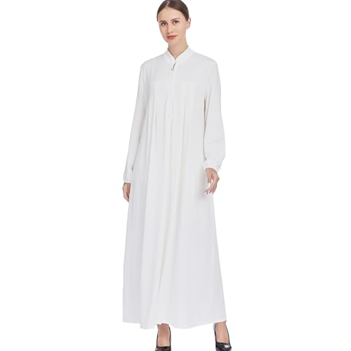 Women Muslim Casual Dress Islamic Maxi Robe Chest Zipper Abaya 1PC Soft Muslim Abaya Eid Kaftan Robe Classic Dress - color: Whitea, size: Medium