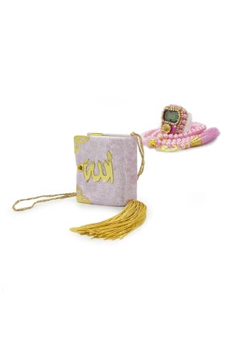 ihvan online Mini Velvet Quran Set with Islamic Finger Counter, Portable Digital Tasbeeh, Muslim Prayer Beads, Pearl Zikirmatic Beads, 3 Pieces Gift Set for Mevlüt (Pink) - color: Pink