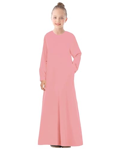 WSPLYSPJY Solid Color Muslim Dress for Girls Kids Abaya Zipper Islamic Prayer Clothes with Pockets - color: Pink, size: 5-6 Years