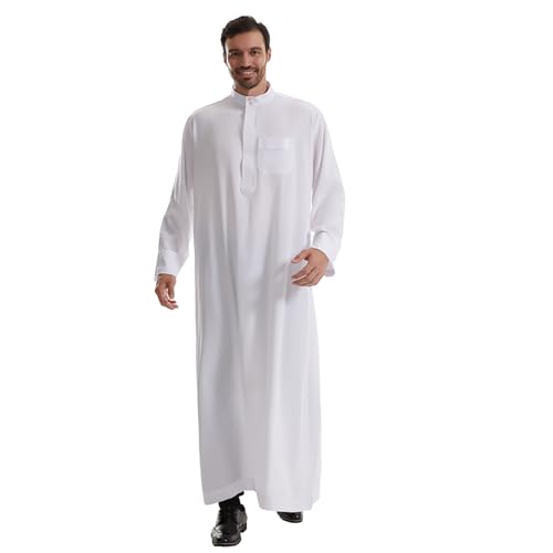 IWEMEK Muslim Thobe for Men Kaftan Thobe with Pockets Middle East Saudi Arabic Robe Ramadan Caftan Dubai Islamic Abaya Dress - color: White, size: Small