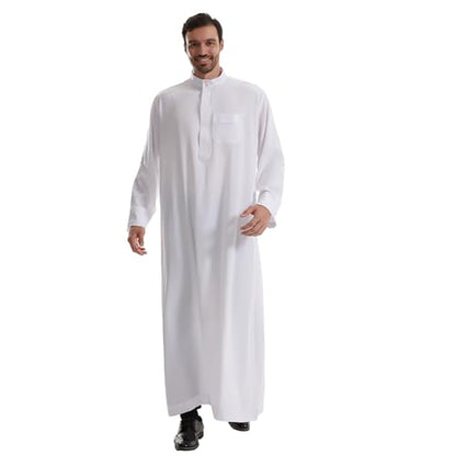 IWEMEK Muslim Thobe for Men Kaftan Thobe with Pockets Middle East Saudi Arabic Robe Ramadan Caftan Dubai Islamic Abaya Dress - color: White, size: Small