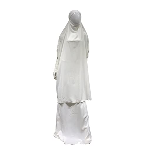 Women Muslim 2 Set Solid Color Plus Long Sleeve Thobe One-size Longuette Overall Abaya Thobe with Hoodied Hijab - color: White