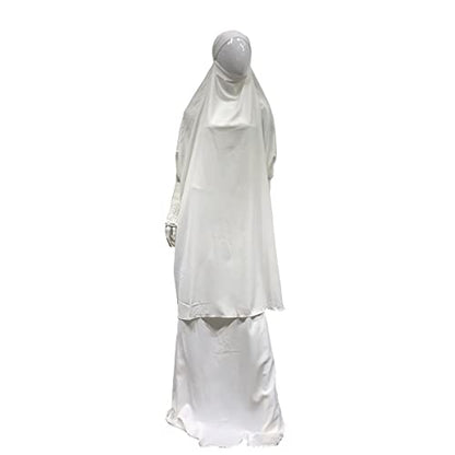 Women Muslim 2 Set Solid Color Plus Long Sleeve Thobe One-size Longuette Overall Abaya Thobe with Hoodied Hijab - color: White