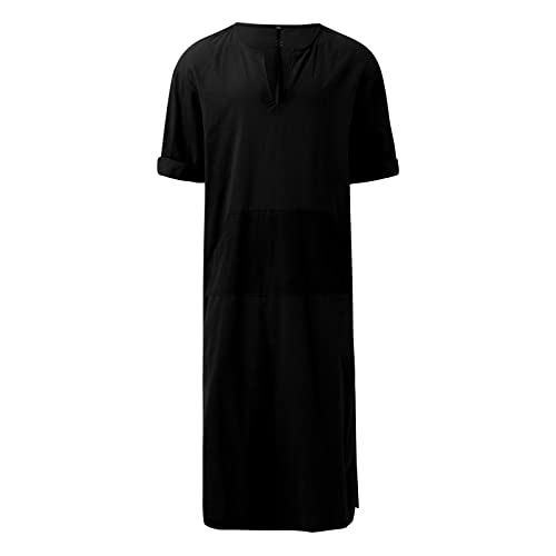 Mens Muslim Robes Solid Cotton Kaftan Thobe V Neck Casual Shirt Long Sleeve Islamic Caftans with Pocket - color: Black, size: X-Large