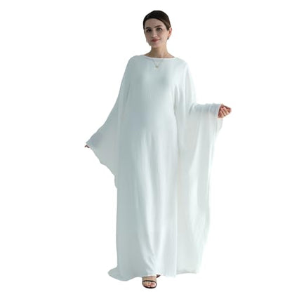 Abaya 무슬림 여성용 드레스 배트윙 슬리브 루즈핏 맥시 겸손한 이슬람 의류 히잡 스카프 포함 기도 드레스 - color: 화이트.